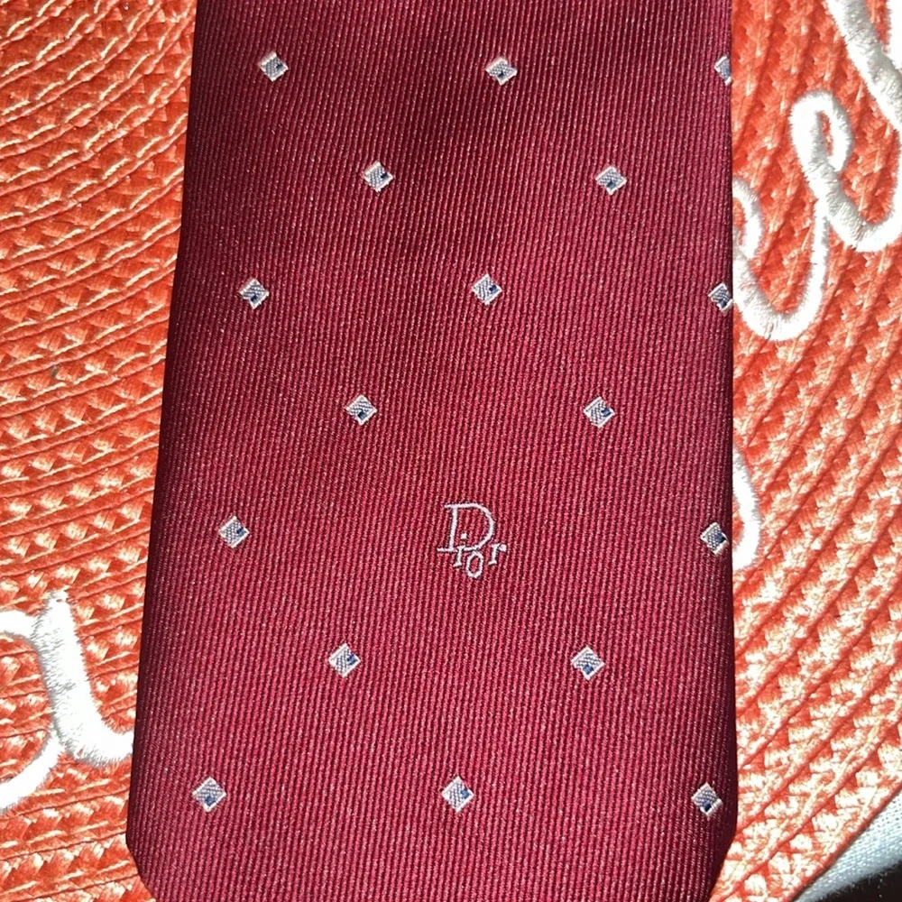 Vintage Christian Dior Silk Blend Necktie Red, Gold & Blue Diamond Polka Dot EUC